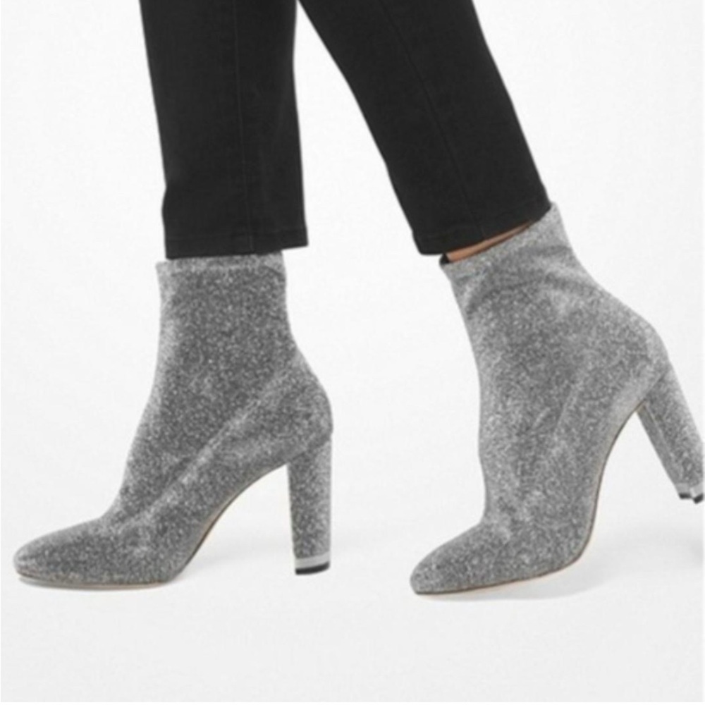 Michael Kors Mandy Glitter Silver Stretch-Knit Ankle Bootie Boots Size 8